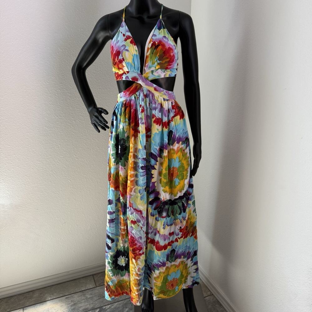 Women’s Hers & Mine Small Bright Rainbow Print Deep V Cut Out Summer Maxi Dress